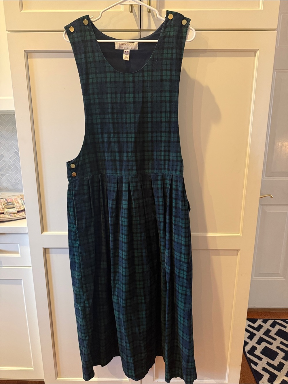 Karen Scott Green and Navy Plaid Pinafore Dress 100% cotton size 14